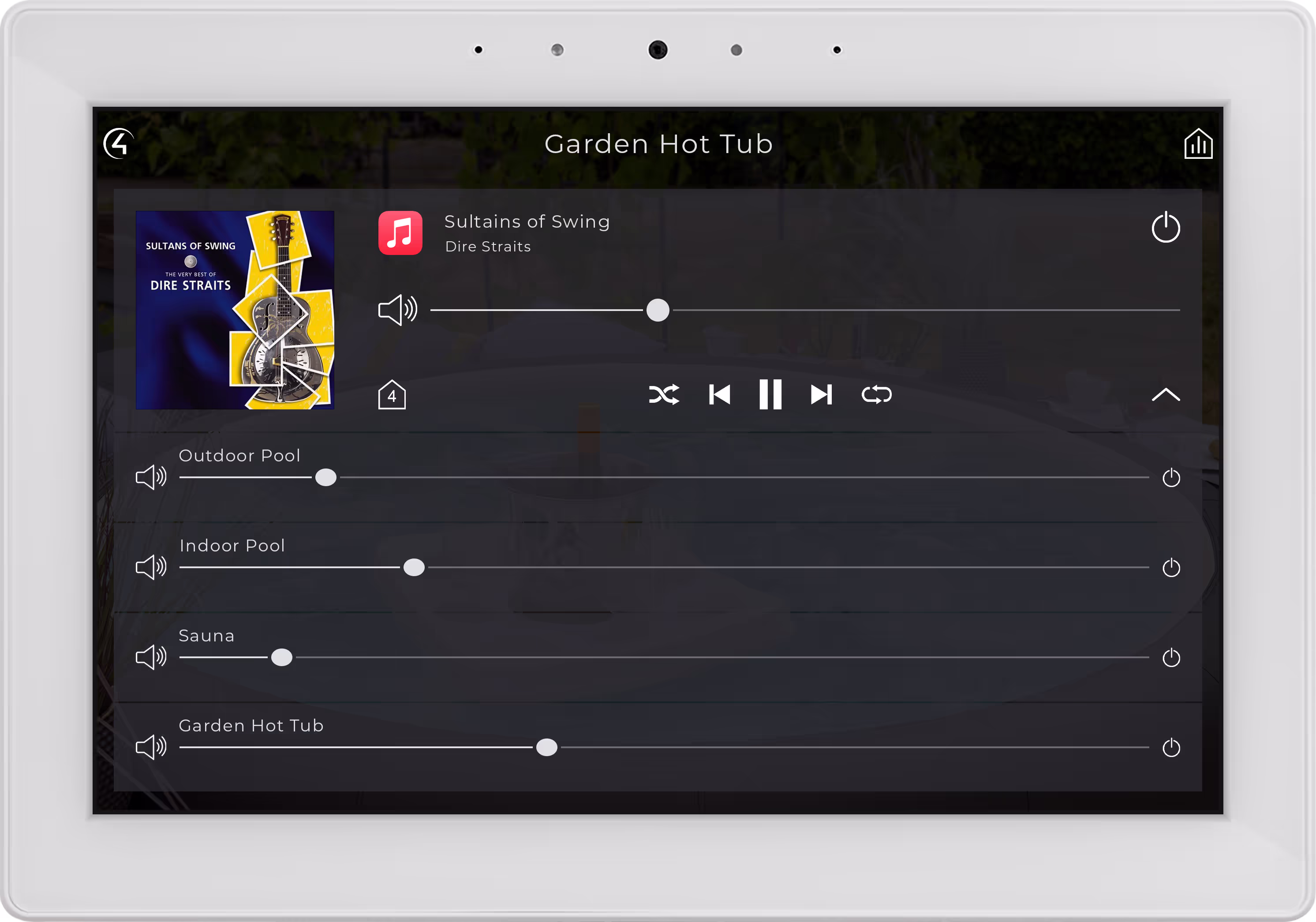 Music in Every Room garden hot tub audio system ipad control screen